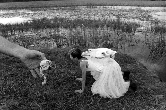 Dancer in wetlands with horse skill and parrot skull
